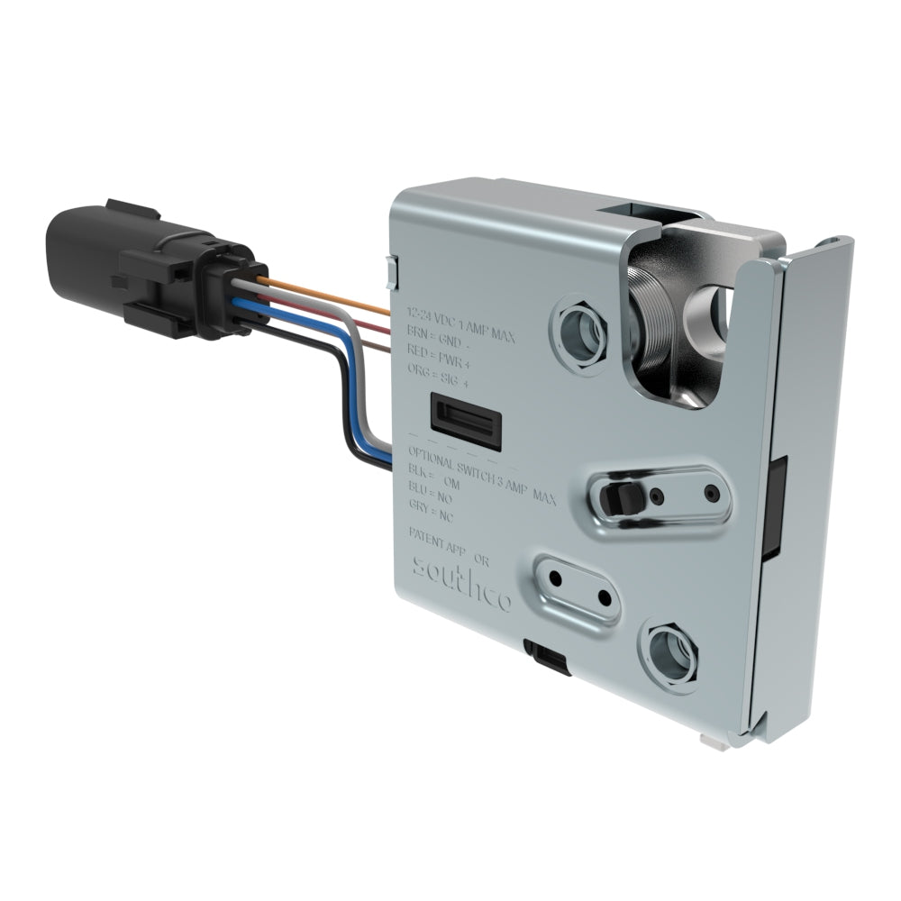 R4-EM-R712-163-B | Electronic Rotary Push-to-Close Latch, Delayed Relock, Rear Trigger, With Latch Status Microswitch, Sealed Connector, 1/4-20 Thread, Steel Housing, Nickel Plated